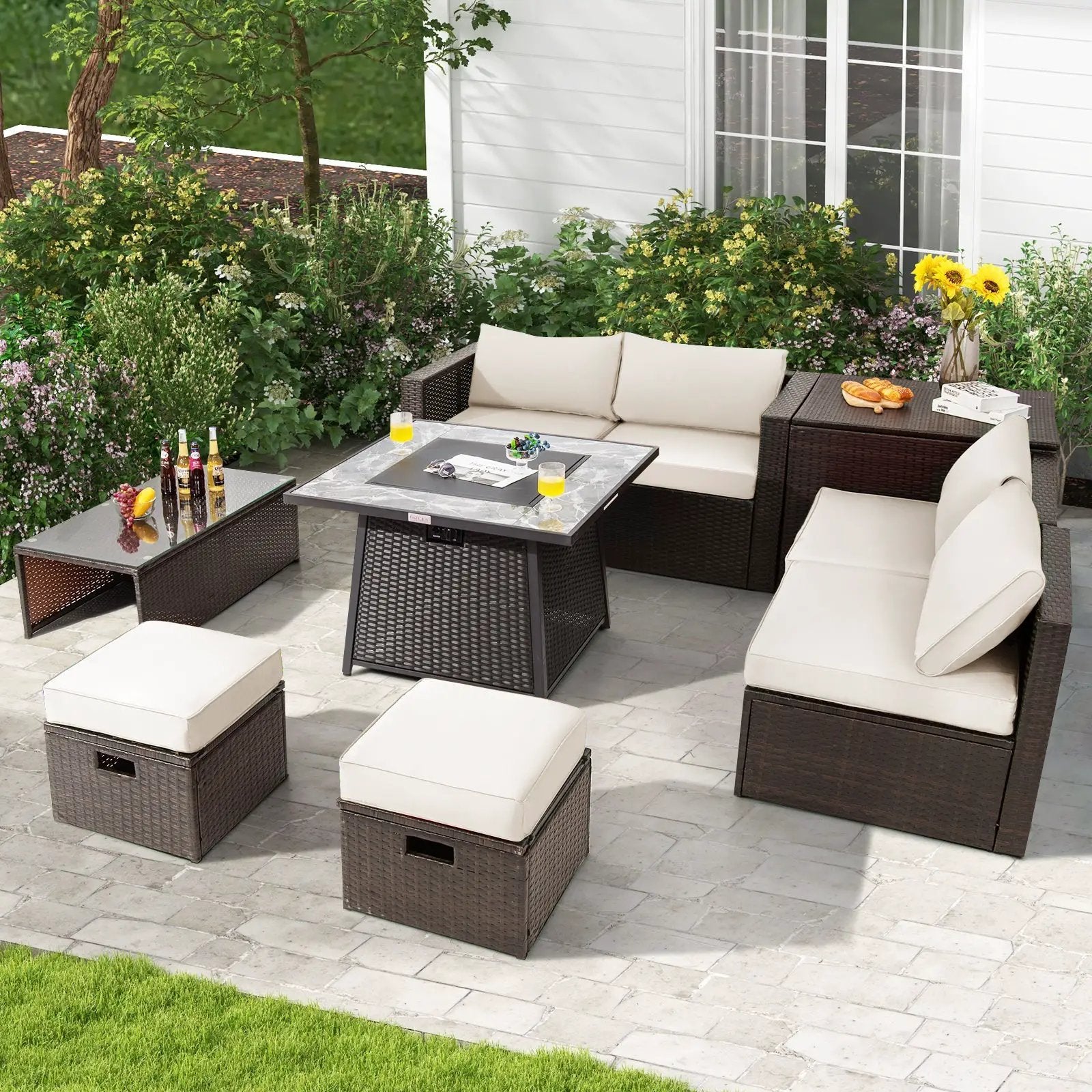 9 Pieces Patio PE Wicker Sectional Set with 50000 BTU Fire Pit Table by DirectDeals