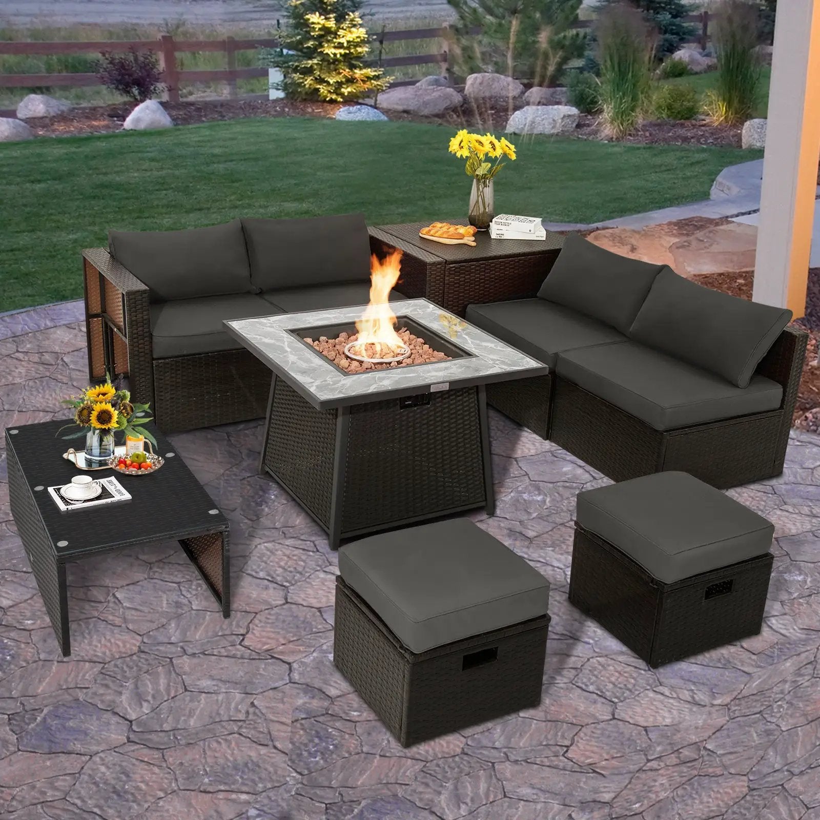 9 Pieces Patio PE Wicker Sectional Set with 50000 BTU Fire Pit Table by DirectDeals