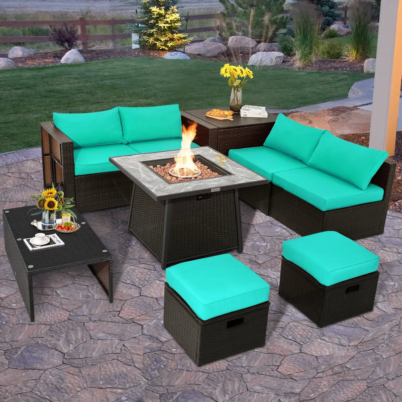 9 Pieces Patio PE Wicker Sectional Set with 50000 BTU Fire Pit Table by DirectDeals