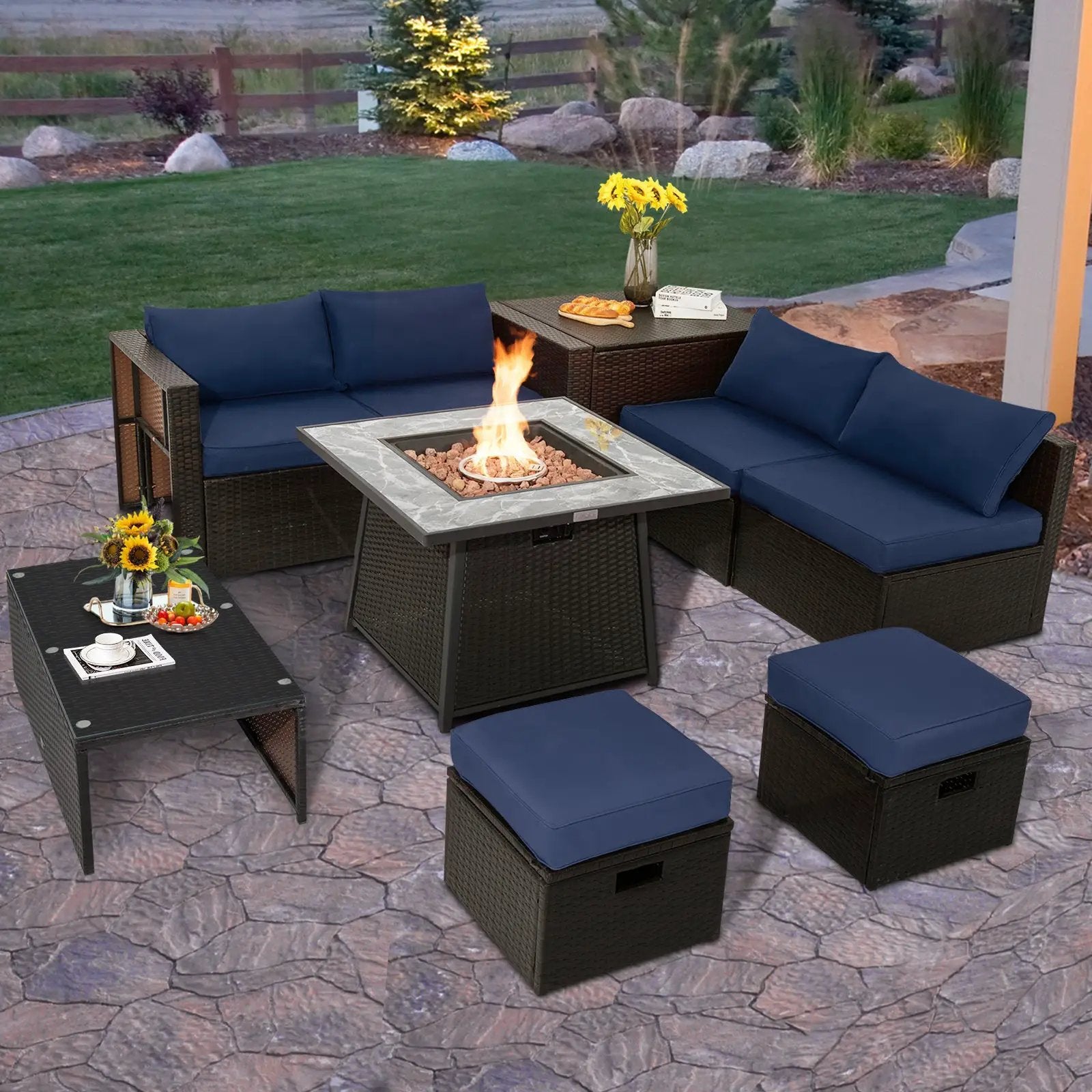 9 Pieces Patio PE Wicker Sectional Set with 50000 BTU Fire Pit Table by DirectDeals
