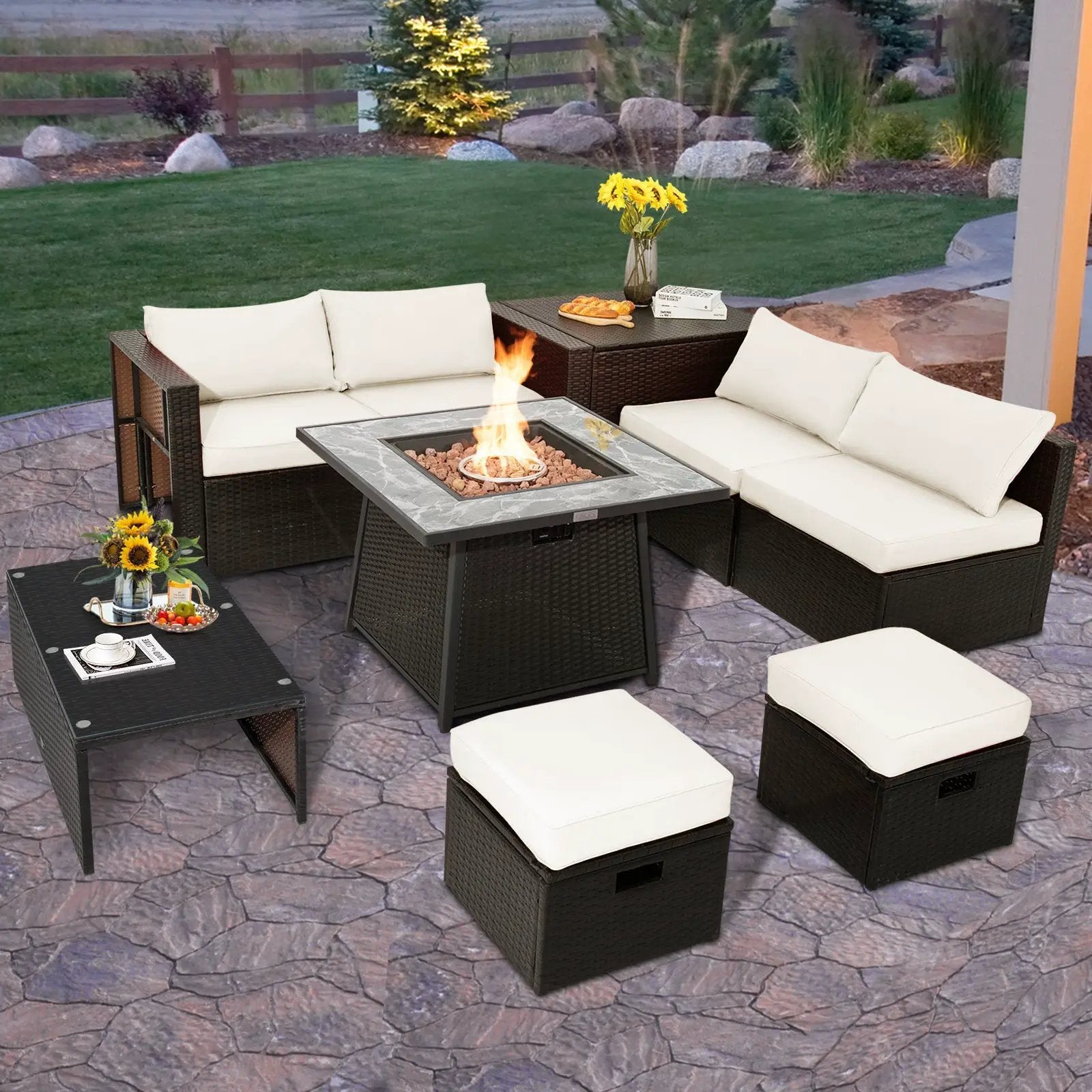 9 Pieces Patio PE Wicker Sectional Set with 50000 BTU Fire Pit Table by DirectDeals