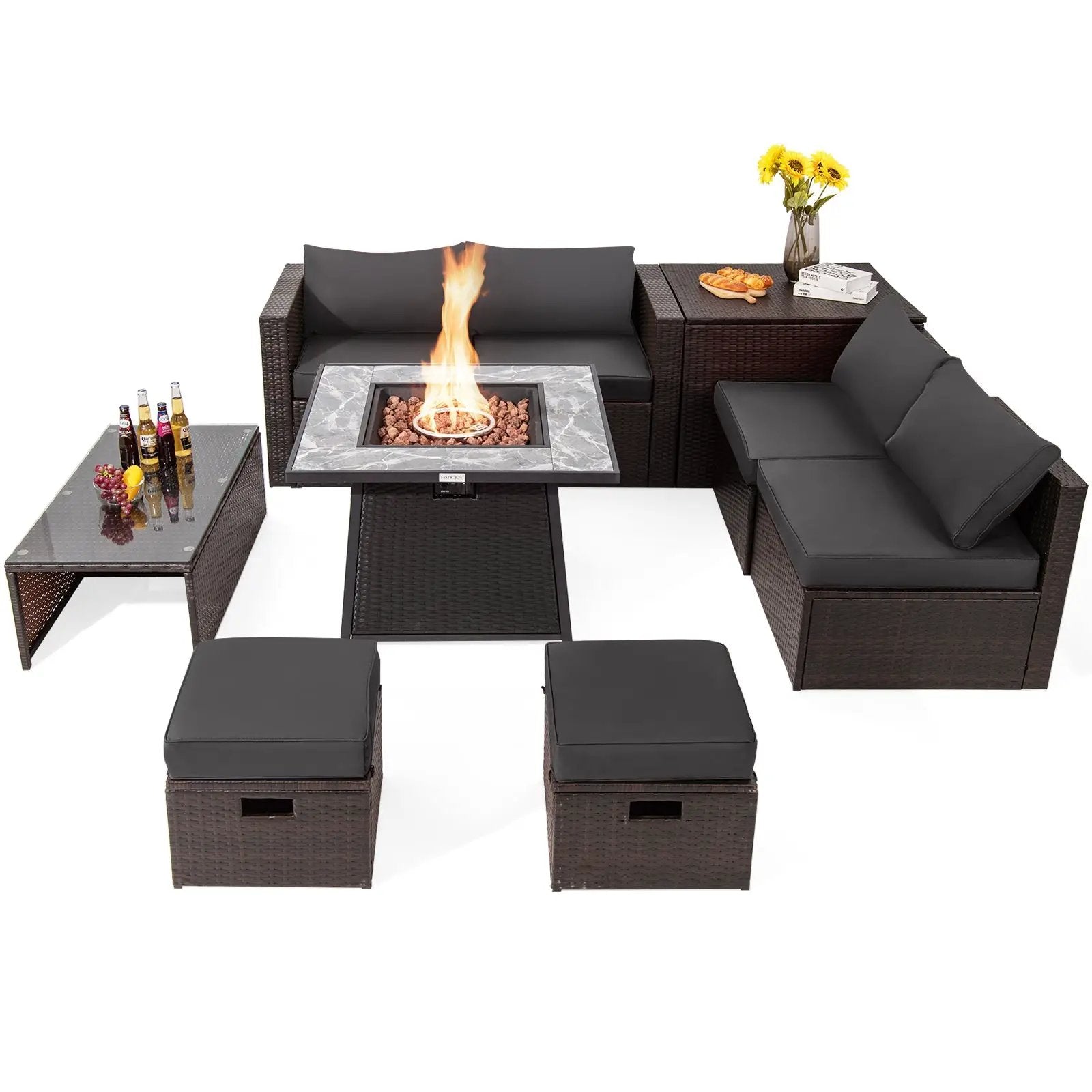 9 Pieces Patio PE Wicker Sectional Set with 50000 BTU Fire Pit Table by DirectDeals