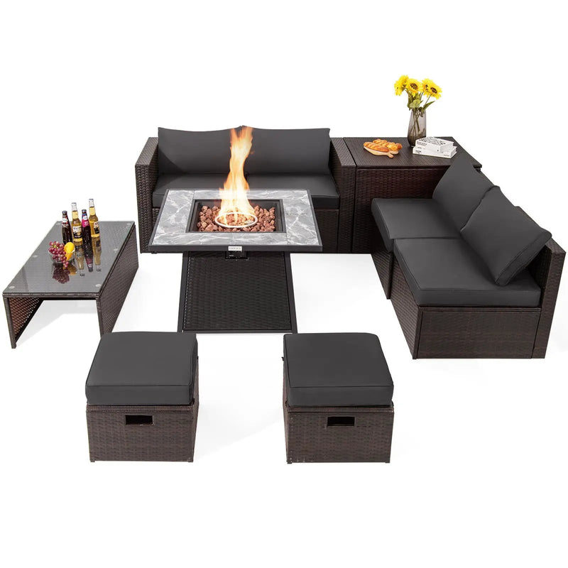 9 Pieces Patio PE Wicker Sectional Set with 50000 BTU Fire Pit Table by DirectDeals