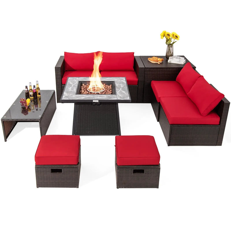 9 Pieces Patio PE Wicker Sectional Set with 50000 BTU Fire Pit Table by DirectDeals