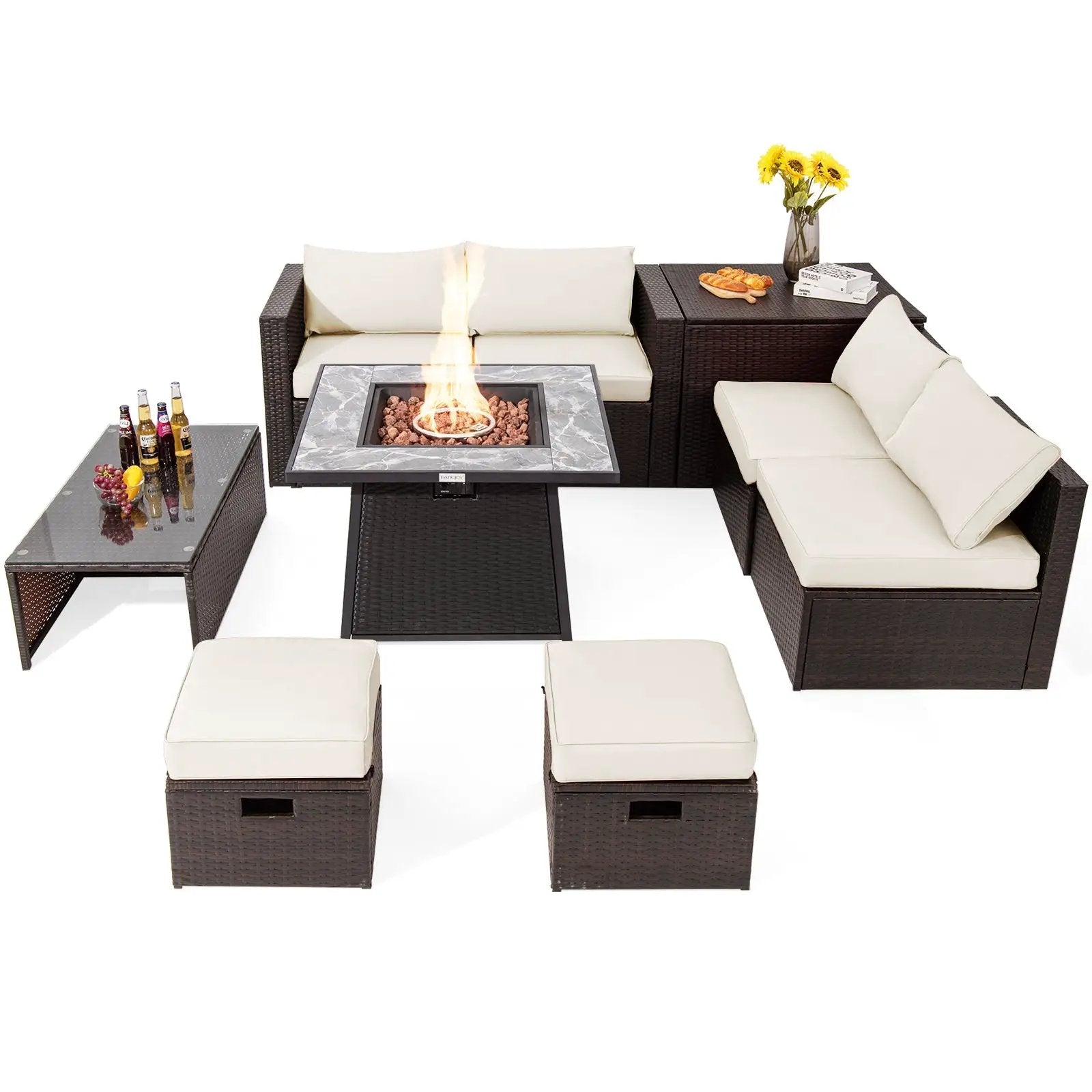 9 Pieces Patio PE Wicker Sectional Set with 50000 BTU Fire Pit Table by DirectDeals