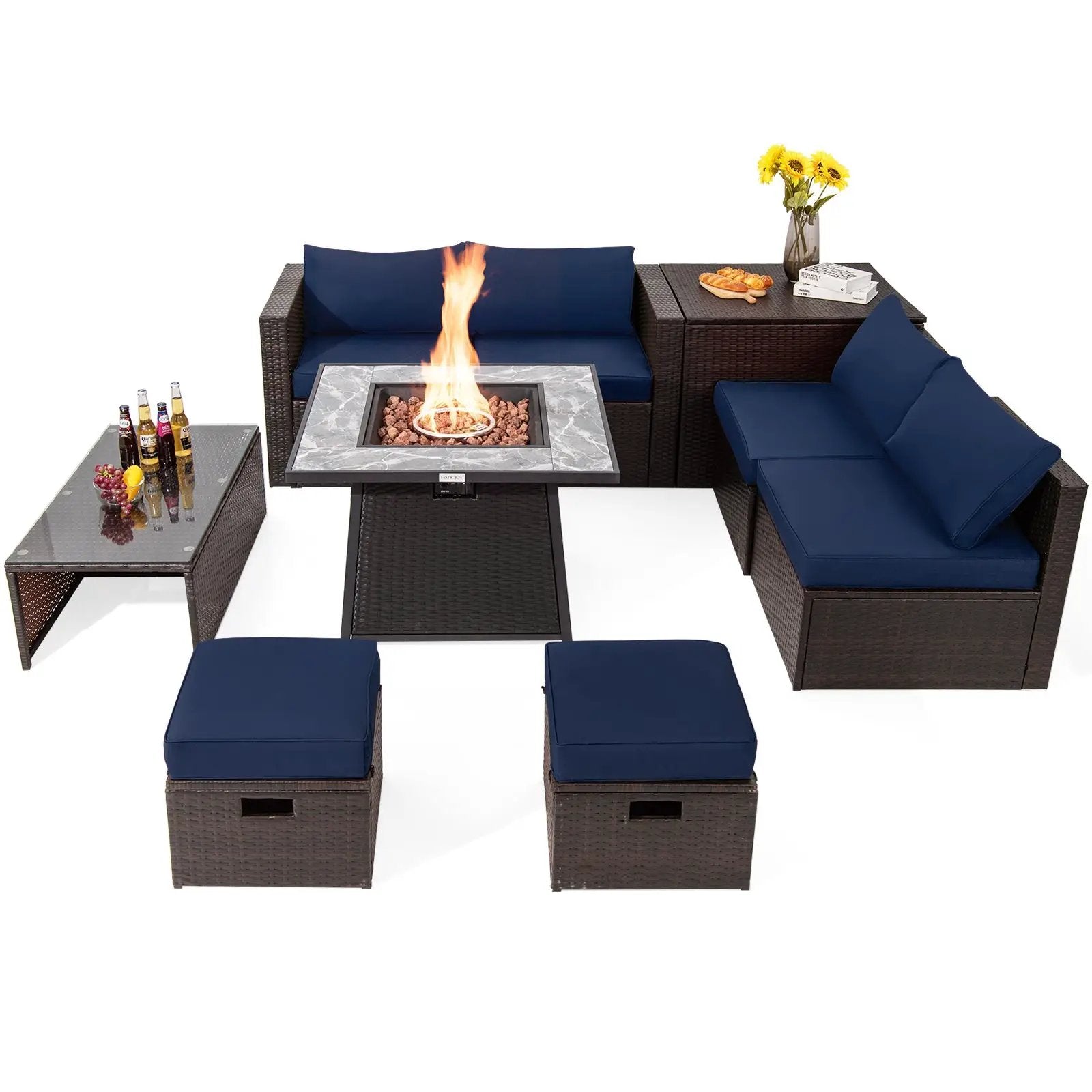 9 Pieces Patio PE Wicker Sectional Set with 50000 BTU Fire Pit Table by DirectDeals