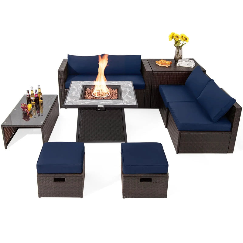 9 Pieces Patio PE Wicker Sectional Set with 50000 BTU Fire Pit Table by DirectDeals