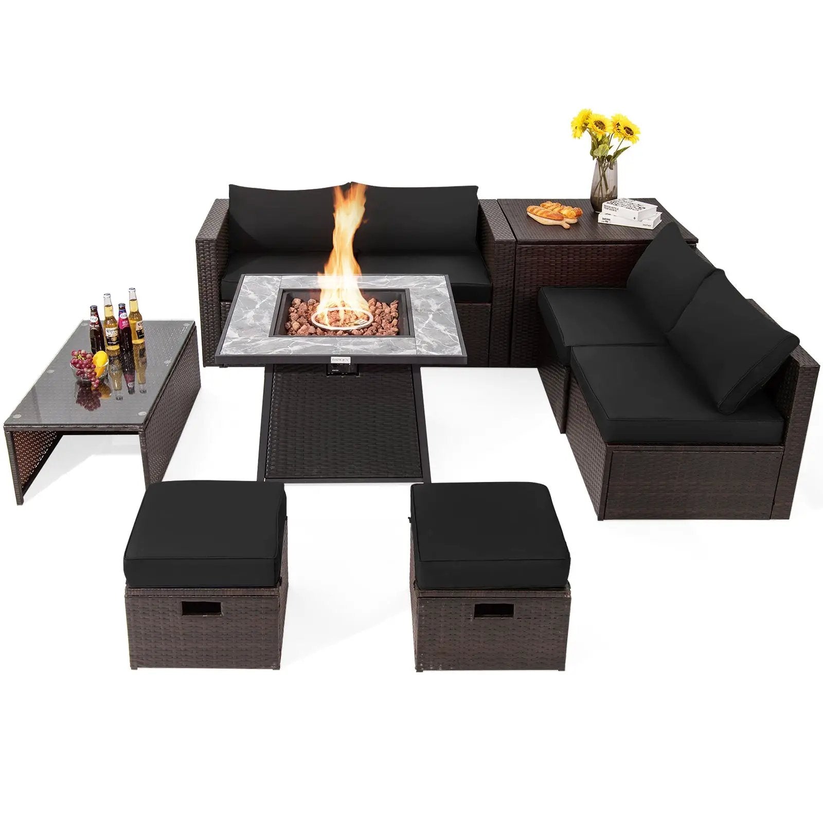 9 Pieces Patio PE Wicker Sectional Set with 50000 BTU Fire Pit Table by DirectDeals