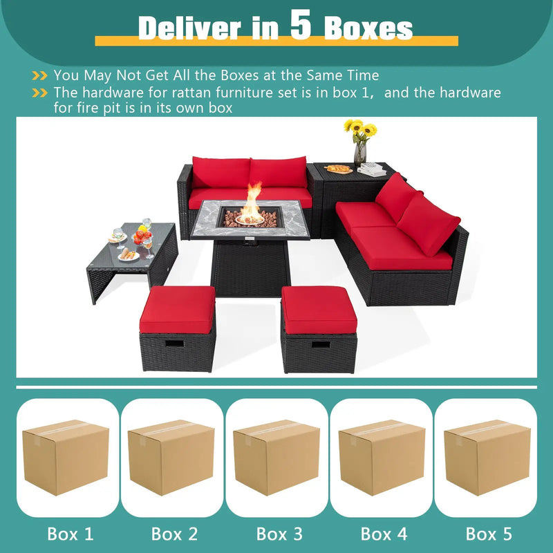 9 Pieces Patio PE Wicker Sectional Set with 50000 BTU Fire Pit Table by DirectDeals