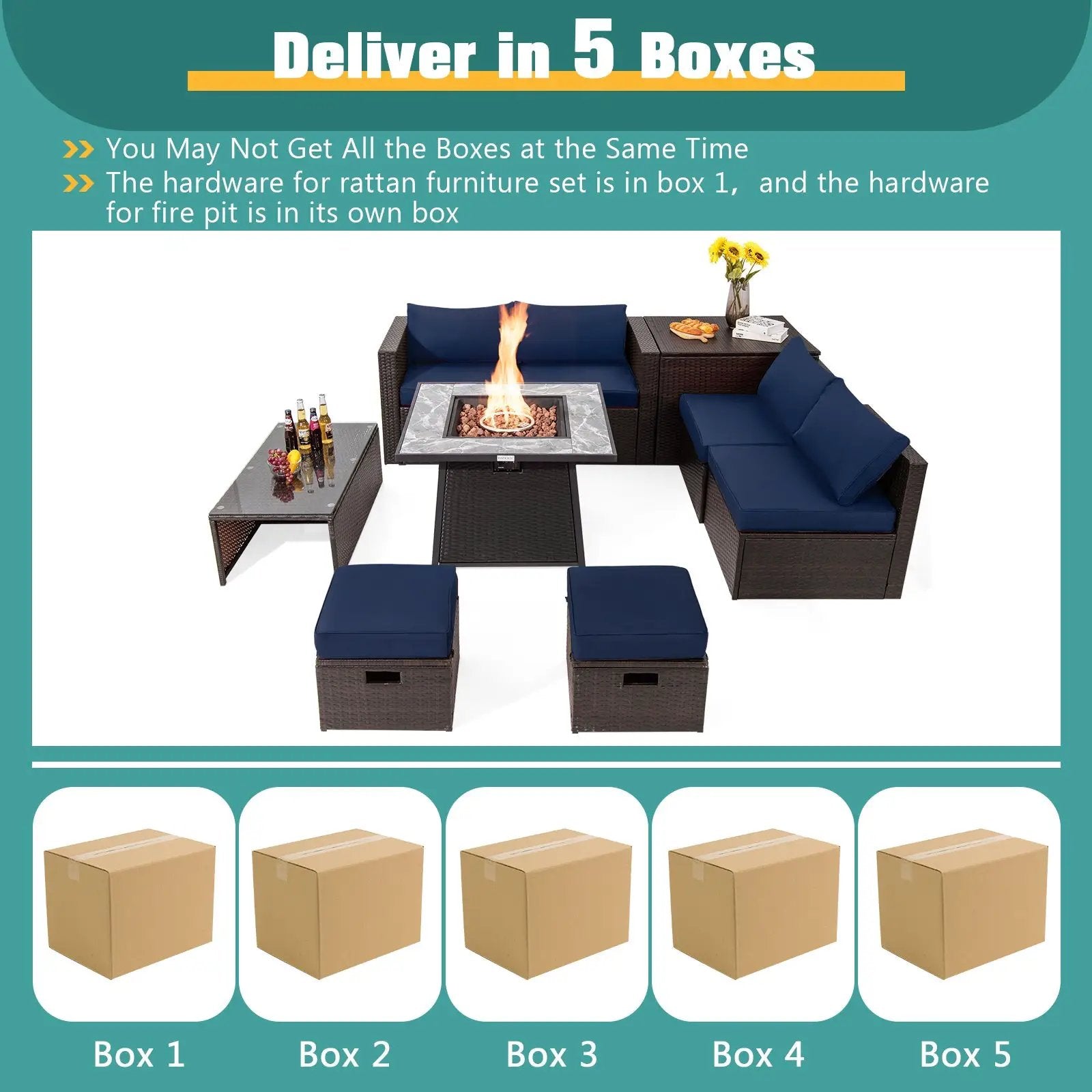 9 Pieces Patio PE Wicker Sectional Set with 50000 BTU Fire Pit Table by DirectDeals