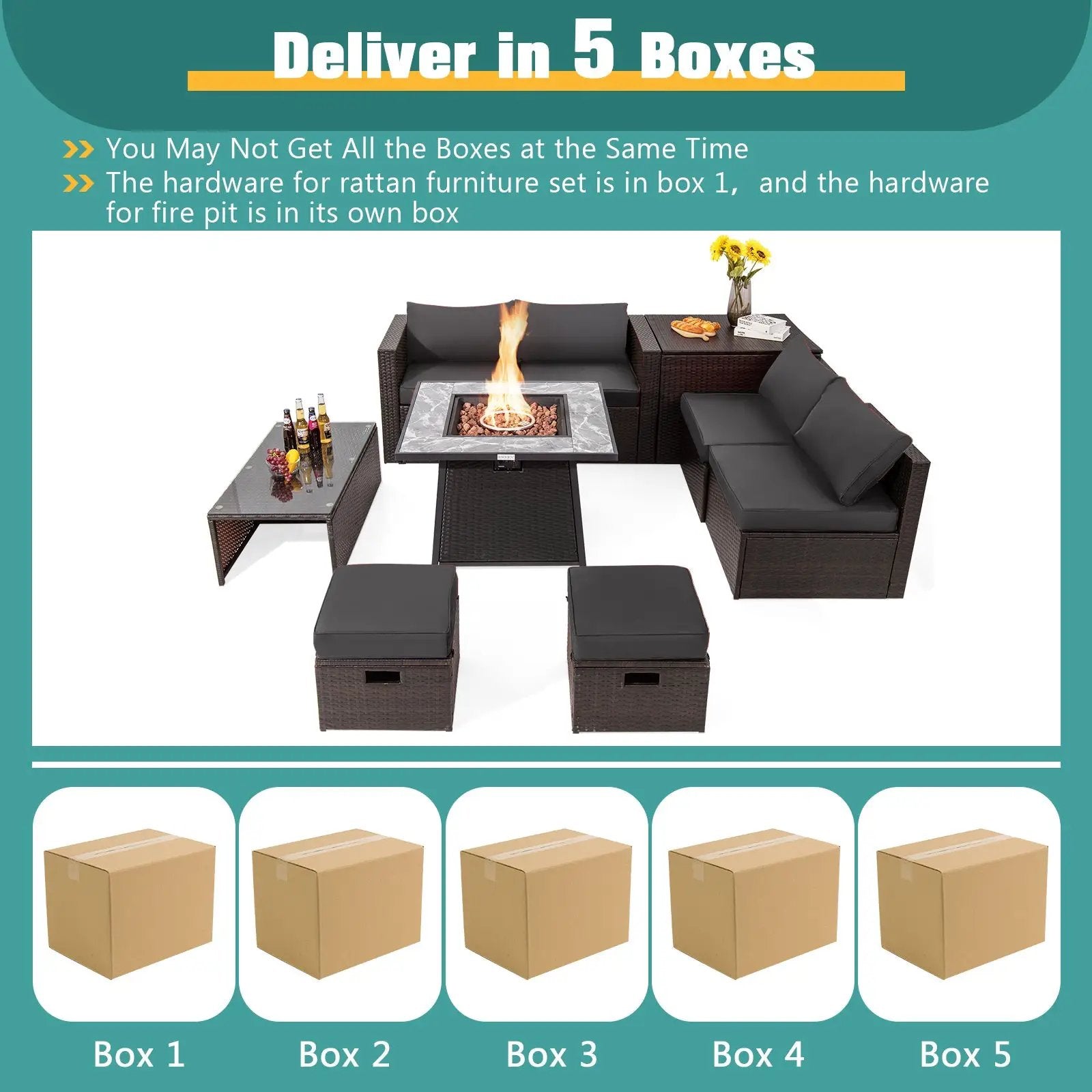 9 Pieces Patio PE Wicker Sectional Set with 50000 BTU Fire Pit Table by DirectDeals