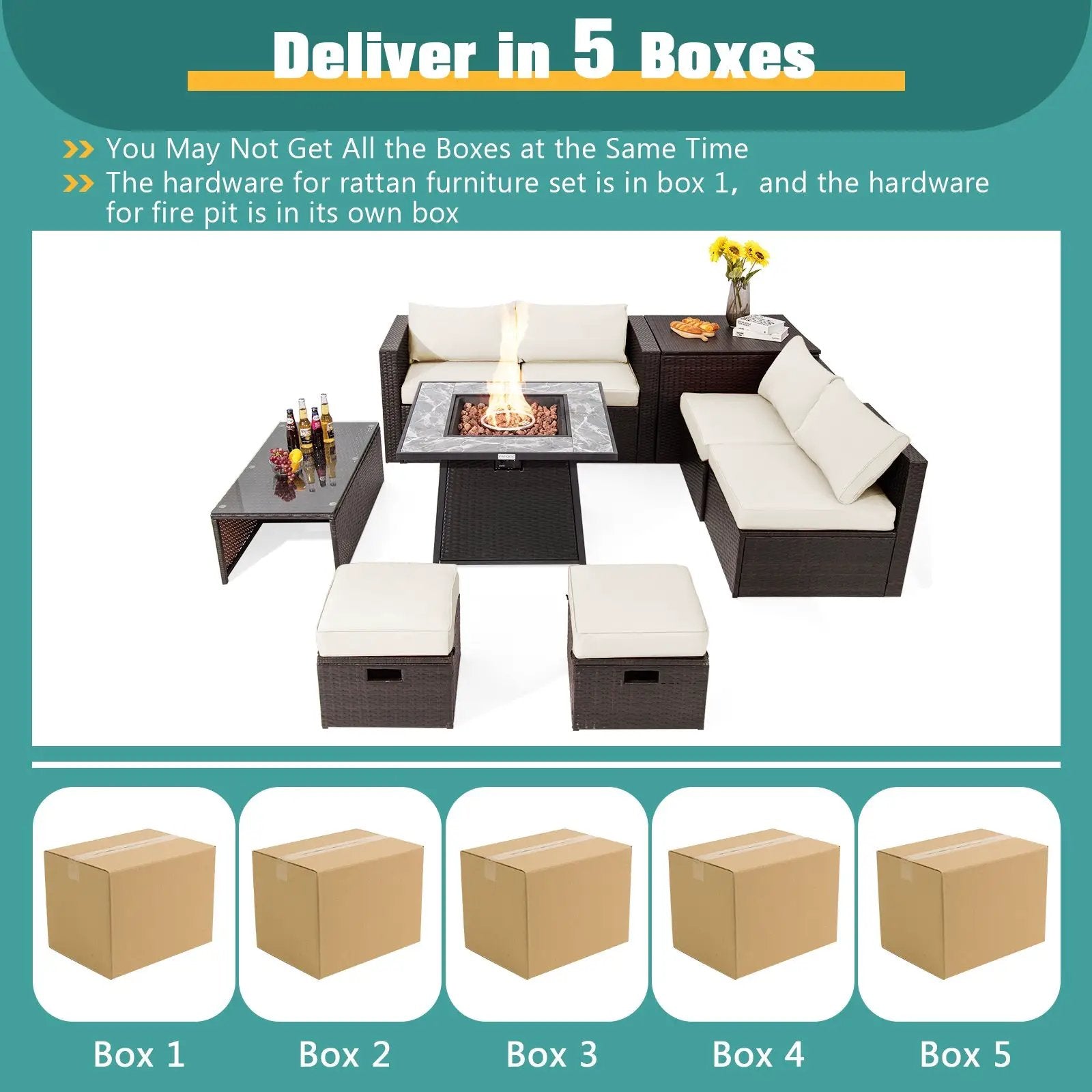 9 Pieces Patio PE Wicker Sectional Set with 50000 BTU Fire Pit Table by DirectDeals