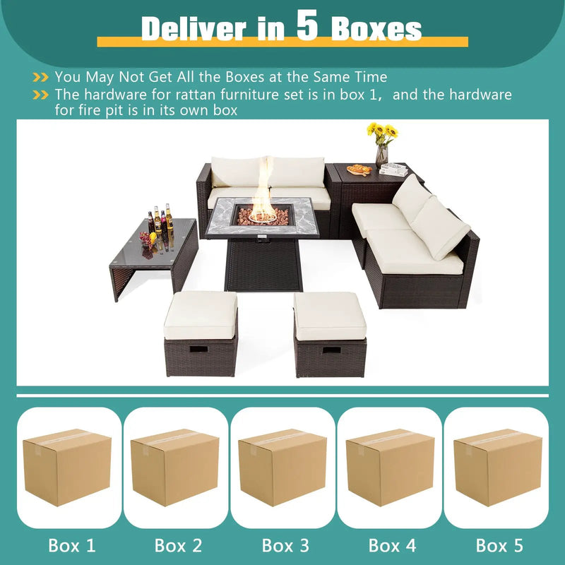 9 Pieces Patio PE Wicker Sectional Set with 50000 BTU Fire Pit Table by DirectDeals