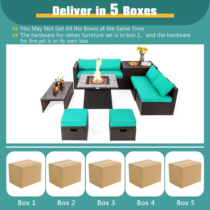 9 Pieces Patio PE Wicker Sectional Set with 50000 BTU Fire Pit Table by DirectDeals
