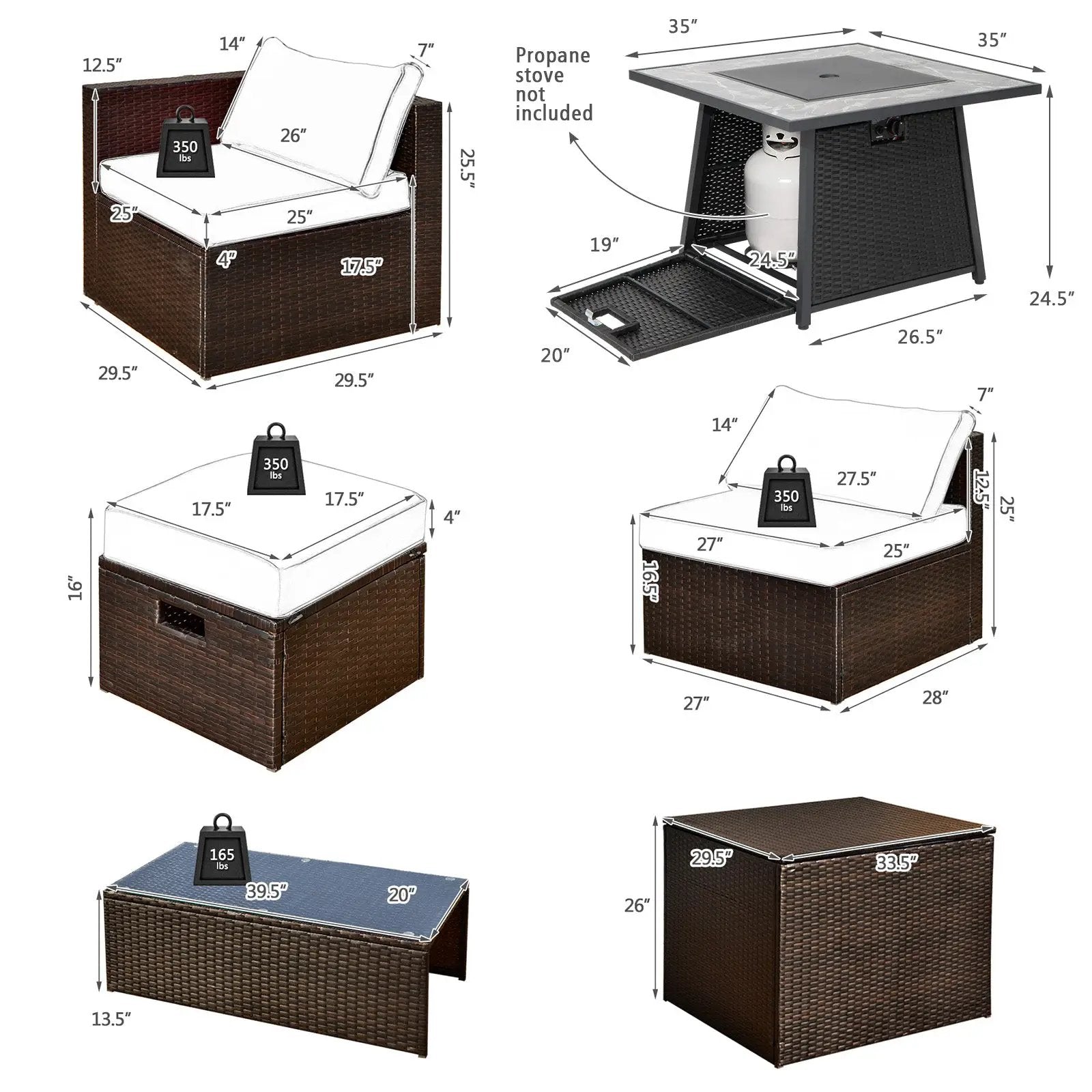 9 Pieces Patio PE Wicker Sectional Set with 50000 BTU Fire Pit Table by DirectDeals