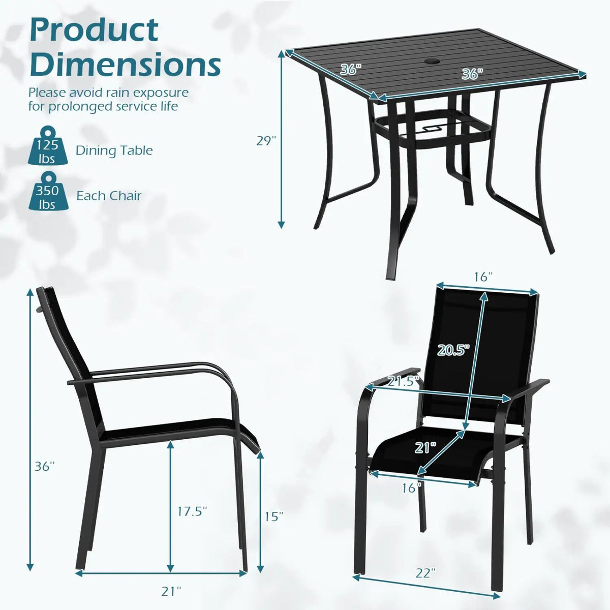 5 Pieces Patio Dining Set for 4 Outdoor Square Table and Stackable Chairs, photo 9 of 16