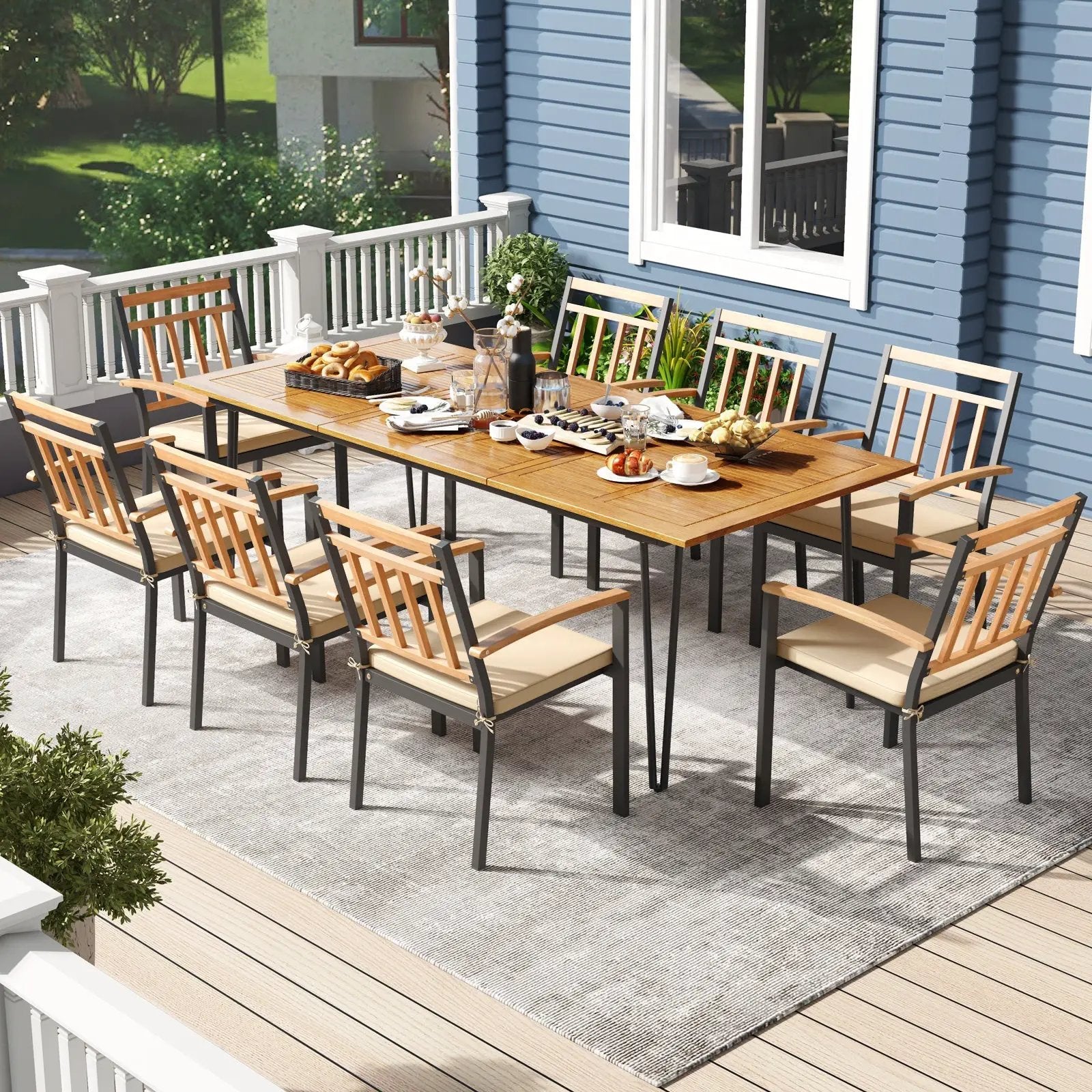 9 Pieces Patio Dining Outdoor Furniture Set with 8 Chairs and Umbrella Hole by DirectDeals