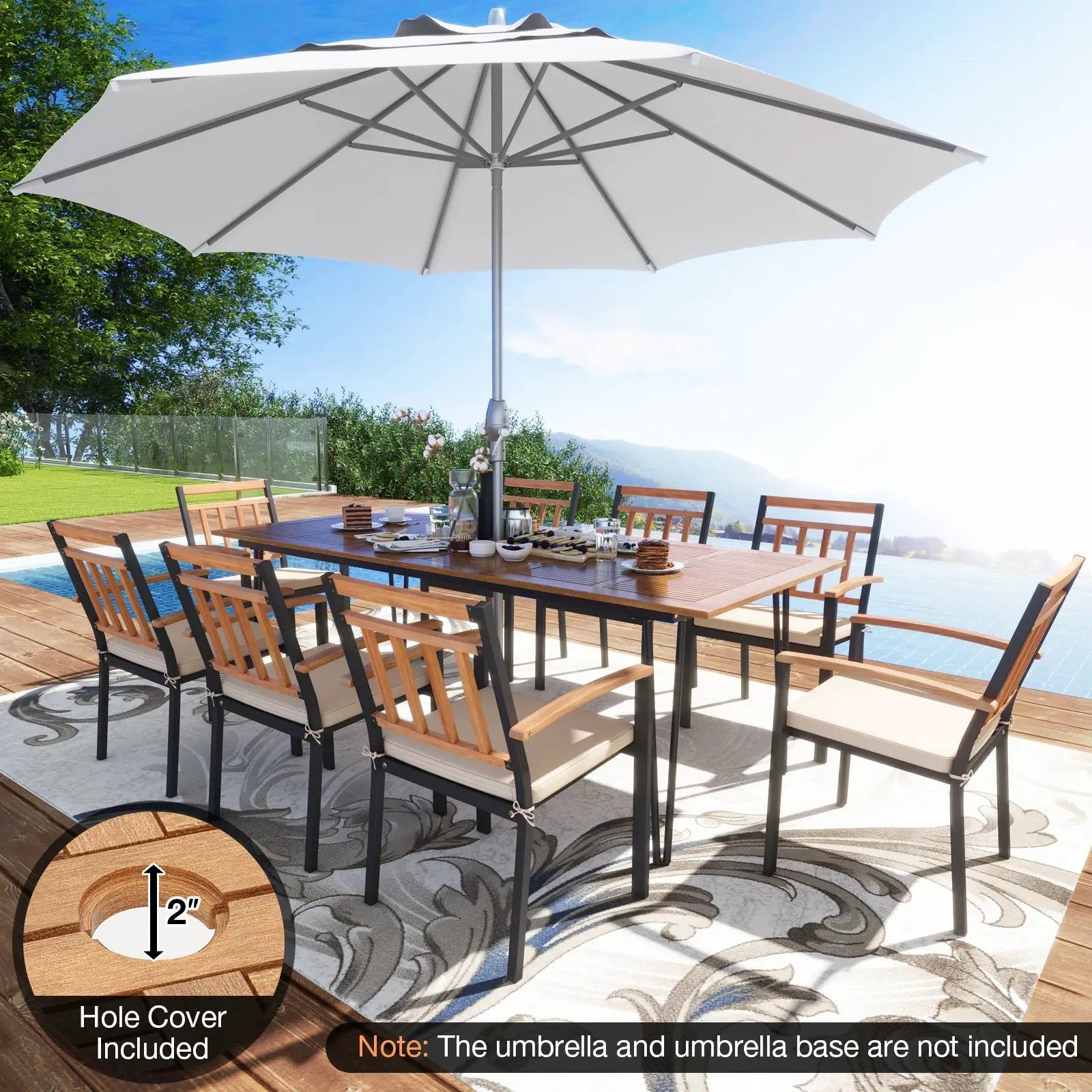 9 Pieces Patio Dining Outdoor Furniture Set with 8 Chairs and Umbrella Hole by DirectDeals