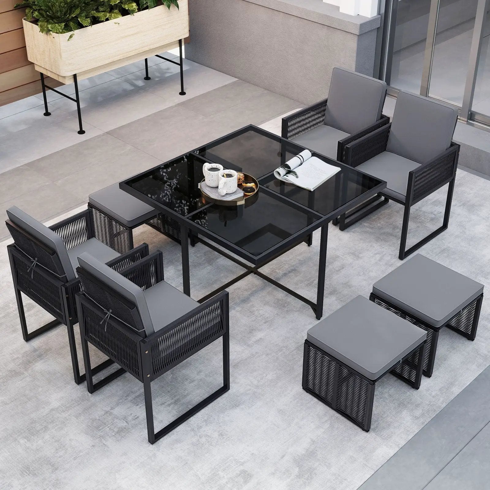 9 Pieces Patio Dining Set with Cushions for Yard Garden-Gray by DirectDeals