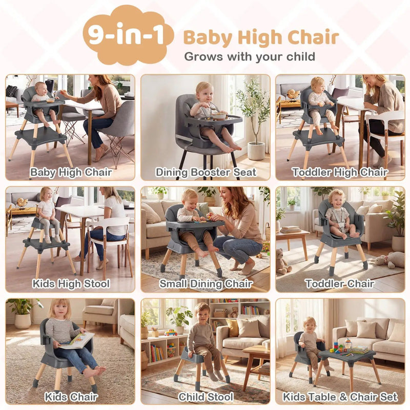 9-in-1 Convertible High Chair with Solid Wood Legs for Babies and Toddlers by DirectDeals