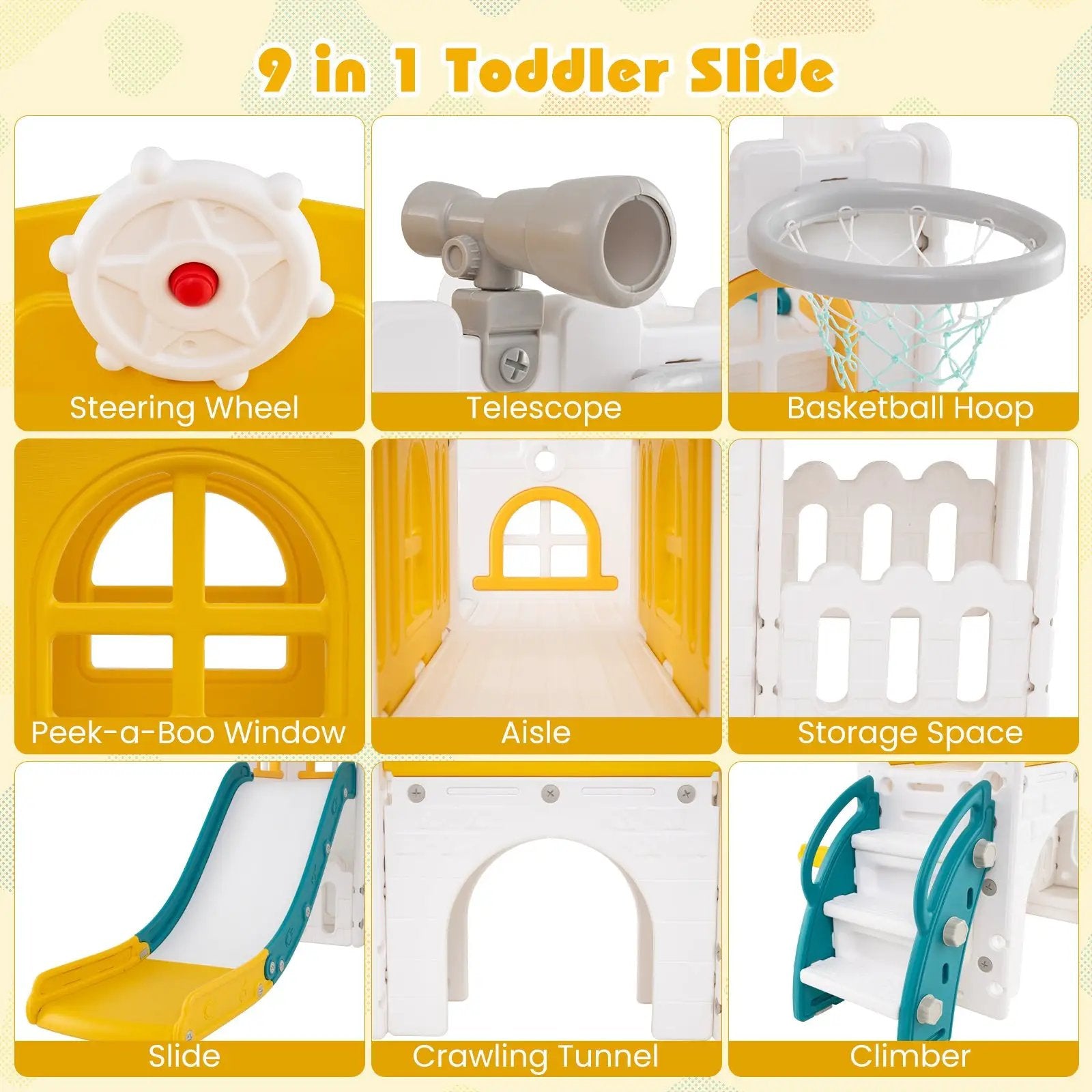 9-in-1 Toddler Slide L-Shaped with Basketball Hoop and Steering Wheel by DirectDeals