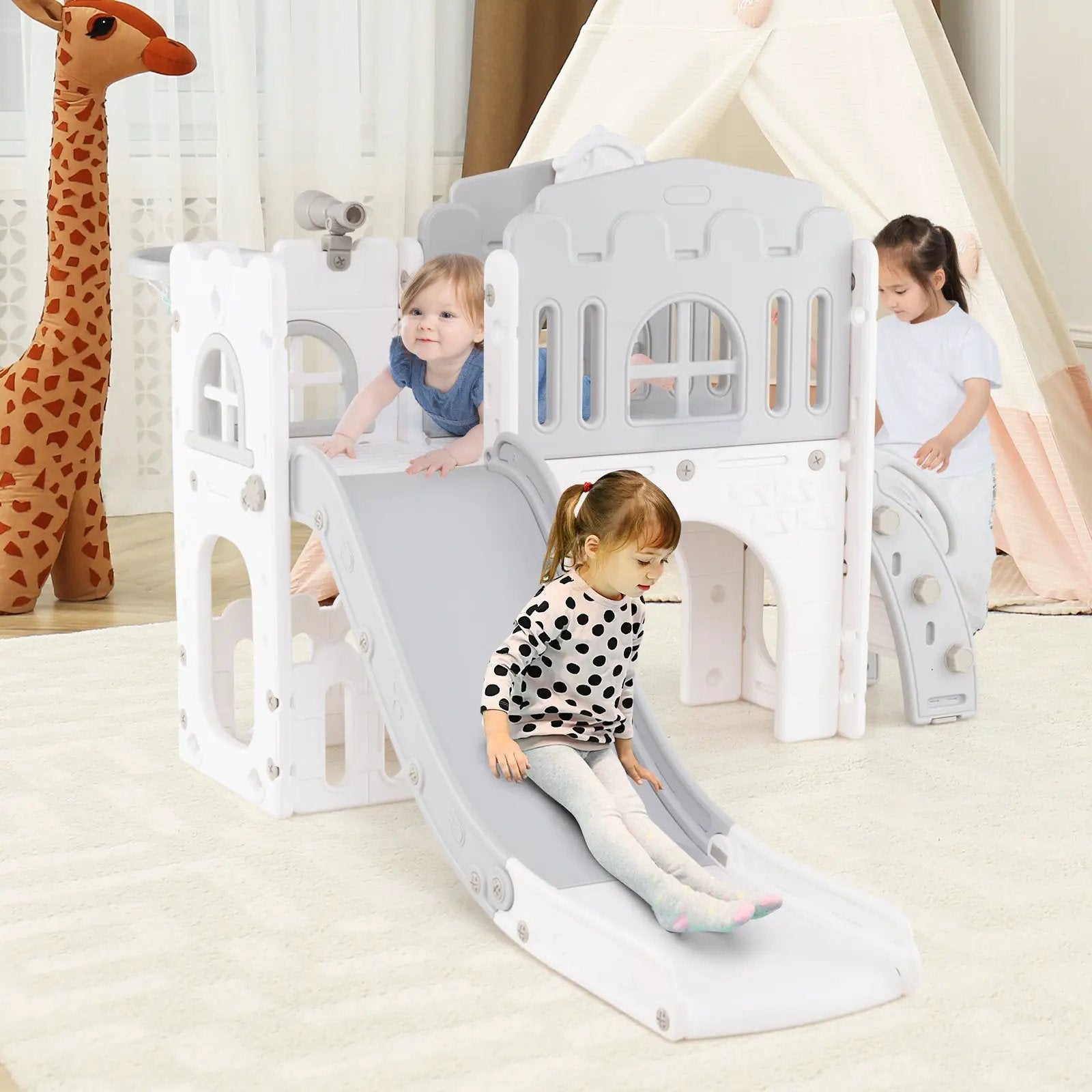 9-in-1 Toddler Slide L-Shaped with Basketball Hoop and Steering Wheel by DirectDeals