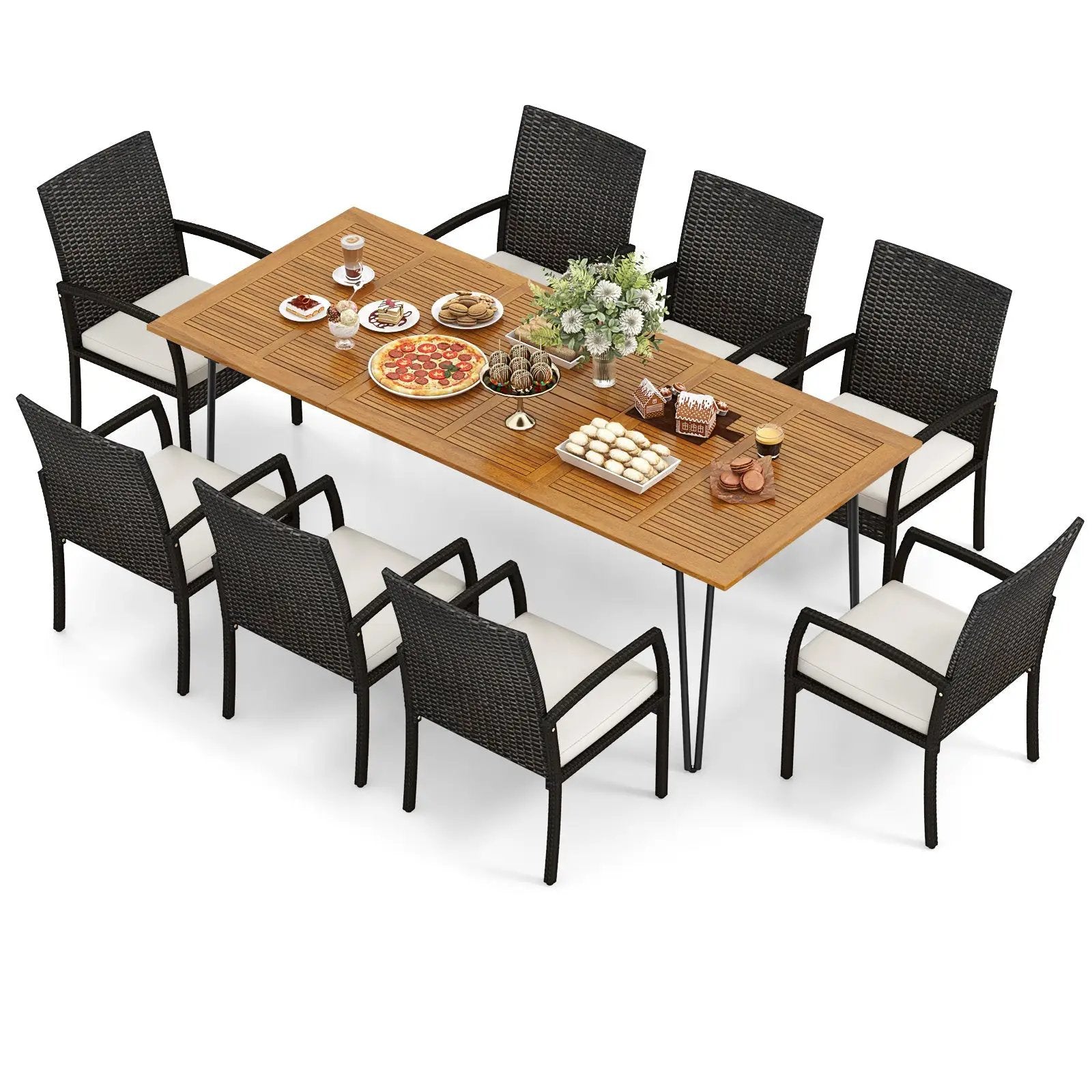 9 Pieces Outdoor Patio Dining Set with Soft Cushions and Acacia Wood Square Table by DirectDeals