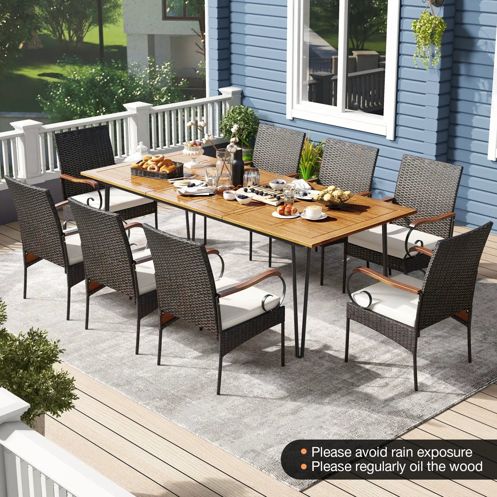 9 Pieces Outdoor Patio Dining Set with Soft Cushions and Umbrella Hole by DirectDeals