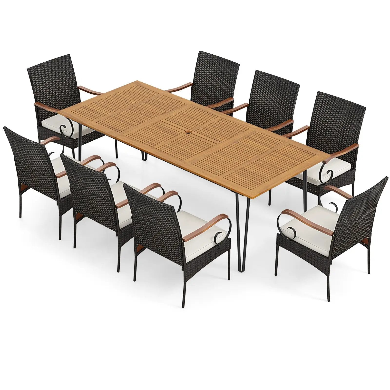 9 Pieces Outdoor Patio Dining Set with Soft Cushions and Umbrella Hole by DirectDeals