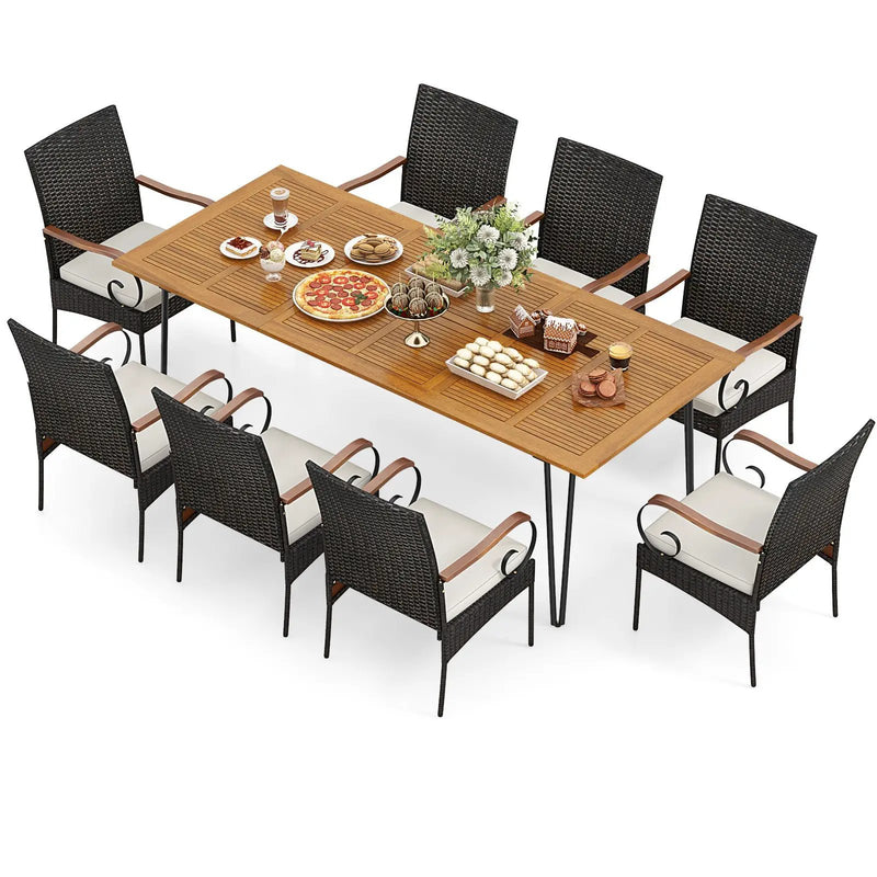 9 Pieces Outdoor Patio Dining Set with Soft Cushions and Umbrella Hole by DirectDeals