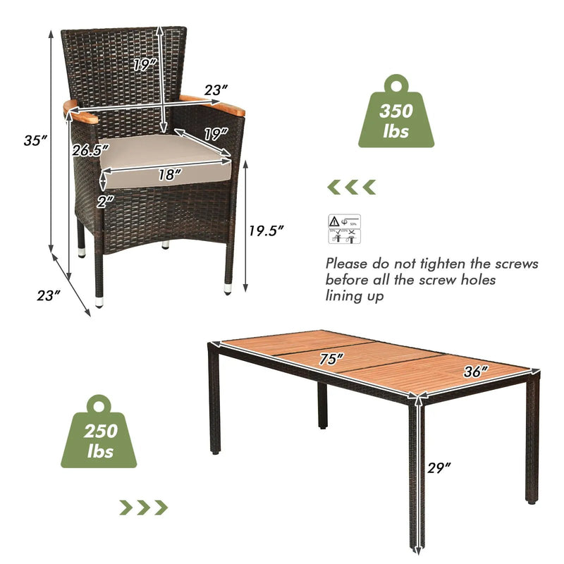 9 Pieces Rattan Dining Set with Acacia Wood Table and Stackable Cushioned Chairs by DirectDeals