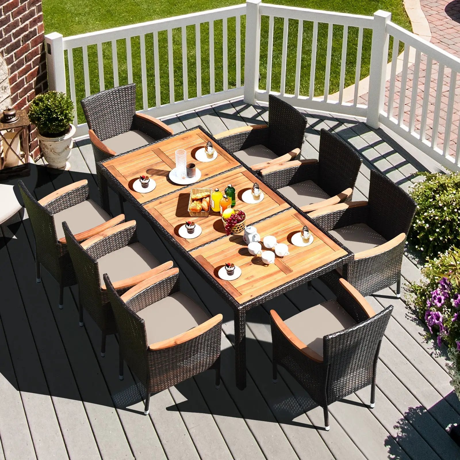 9 Pieces Rattan Dining Set with Acacia Wood Table and Stackable Cushioned Chairs by DirectDeals