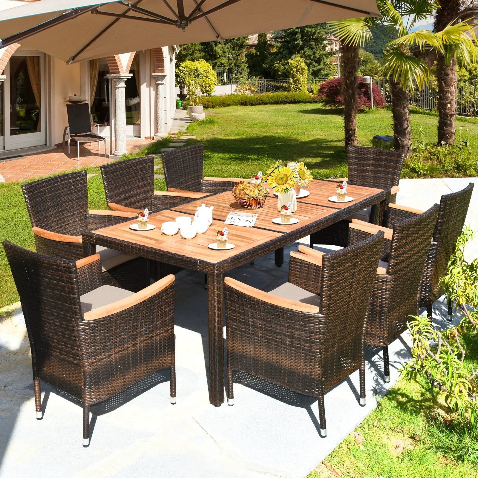 9 Pieces Rattan Dining Set with Acacia Wood Table and Stackable Cushioned Chairs by DirectDeals