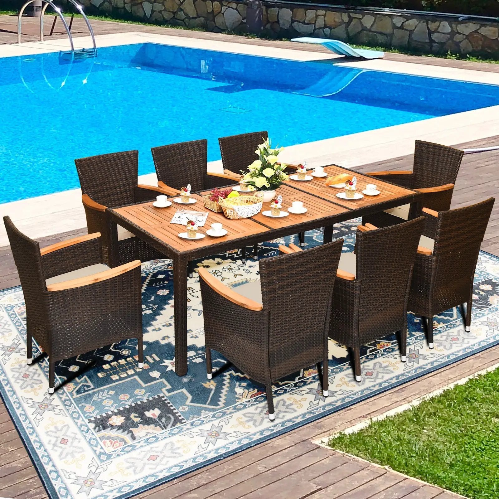 9 Pieces Rattan Dining Set with Acacia Wood Table and Stackable Cushioned Chairs by DirectDeals