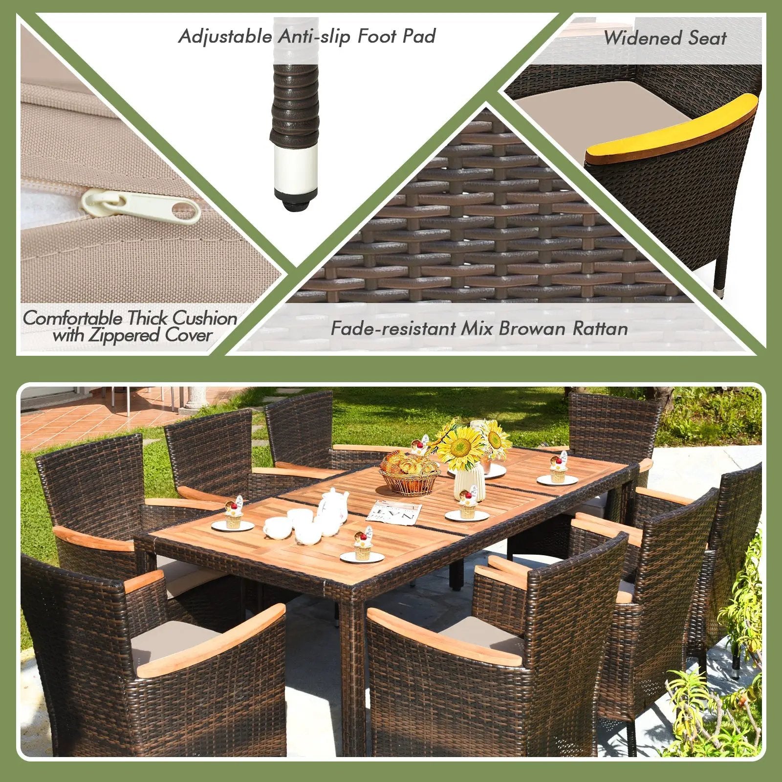 9 Pieces Rattan Dining Set with Acacia Wood Table and Stackable Cushioned Chairs by DirectDeals