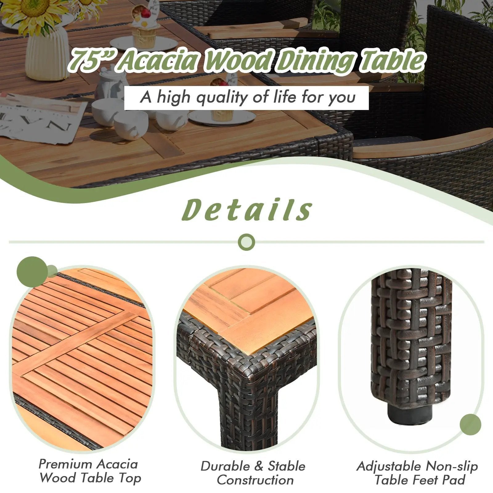9 Pieces Rattan Dining Set with Acacia Wood Table and Stackable Cushioned Chairs by DirectDeals