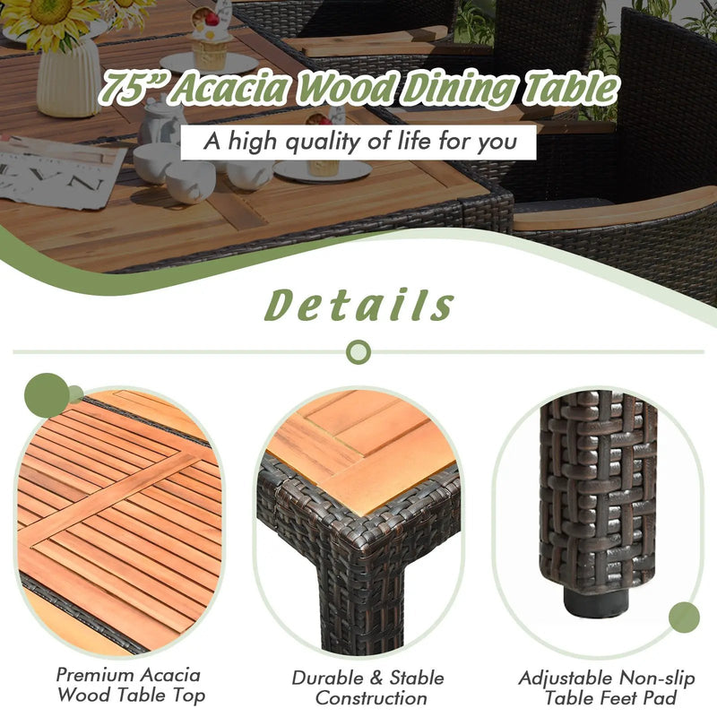9 Pieces Rattan Dining Set with Acacia Wood Table and Stackable Cushioned Chairs by DirectDeals