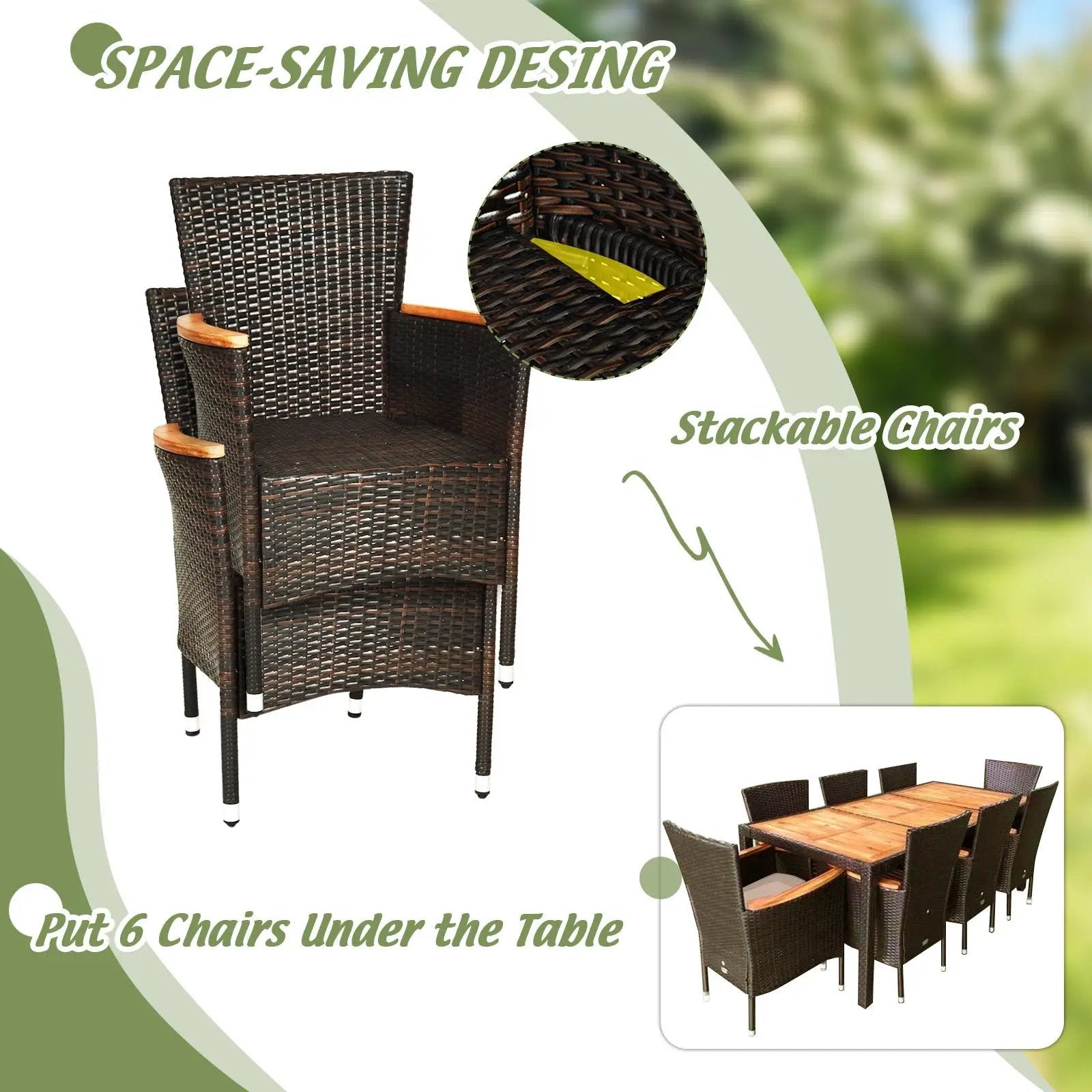 9 Pieces Rattan Dining Set with Acacia Wood Table and Stackable Cushioned Chairs by DirectDeals