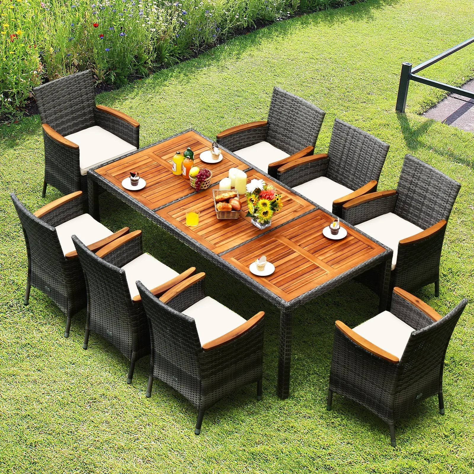 9 Pieces Rattan Patio Dining Set with Acacia Wood Table and Cushioned Chair by DirectDeals