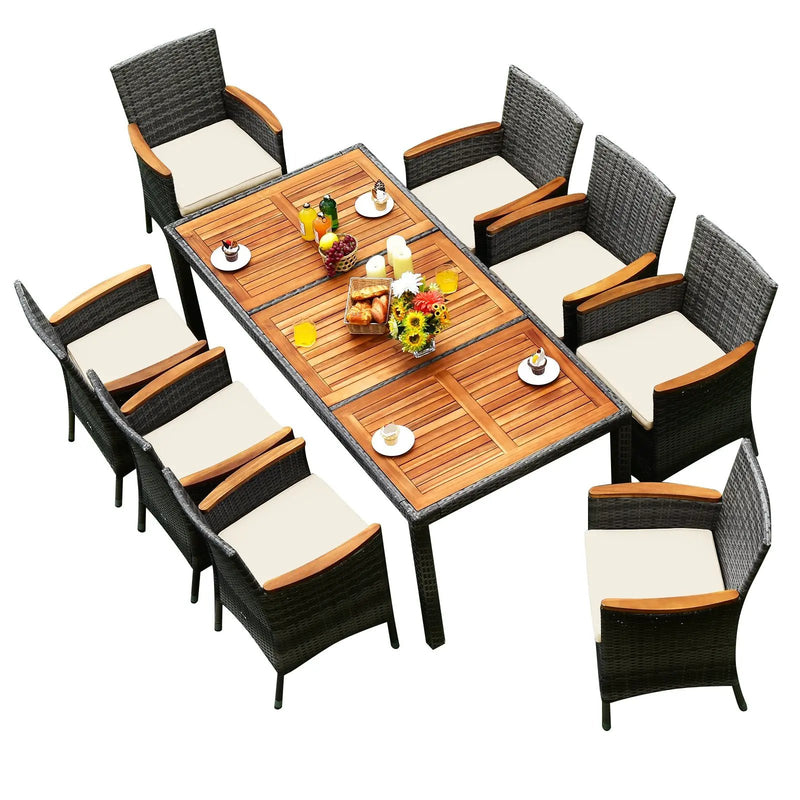 9 Pieces Rattan Patio Dining Set with Acacia Wood Table and Cushioned Chair by DirectDeals