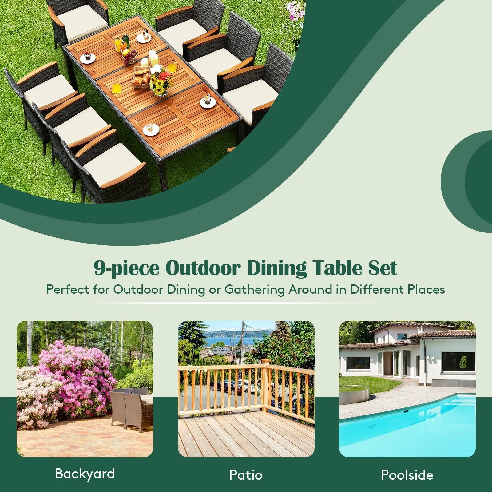 9 Pieces Rattan Patio Dining Set with Acacia Wood Table and Cushioned Chair by DirectDeals