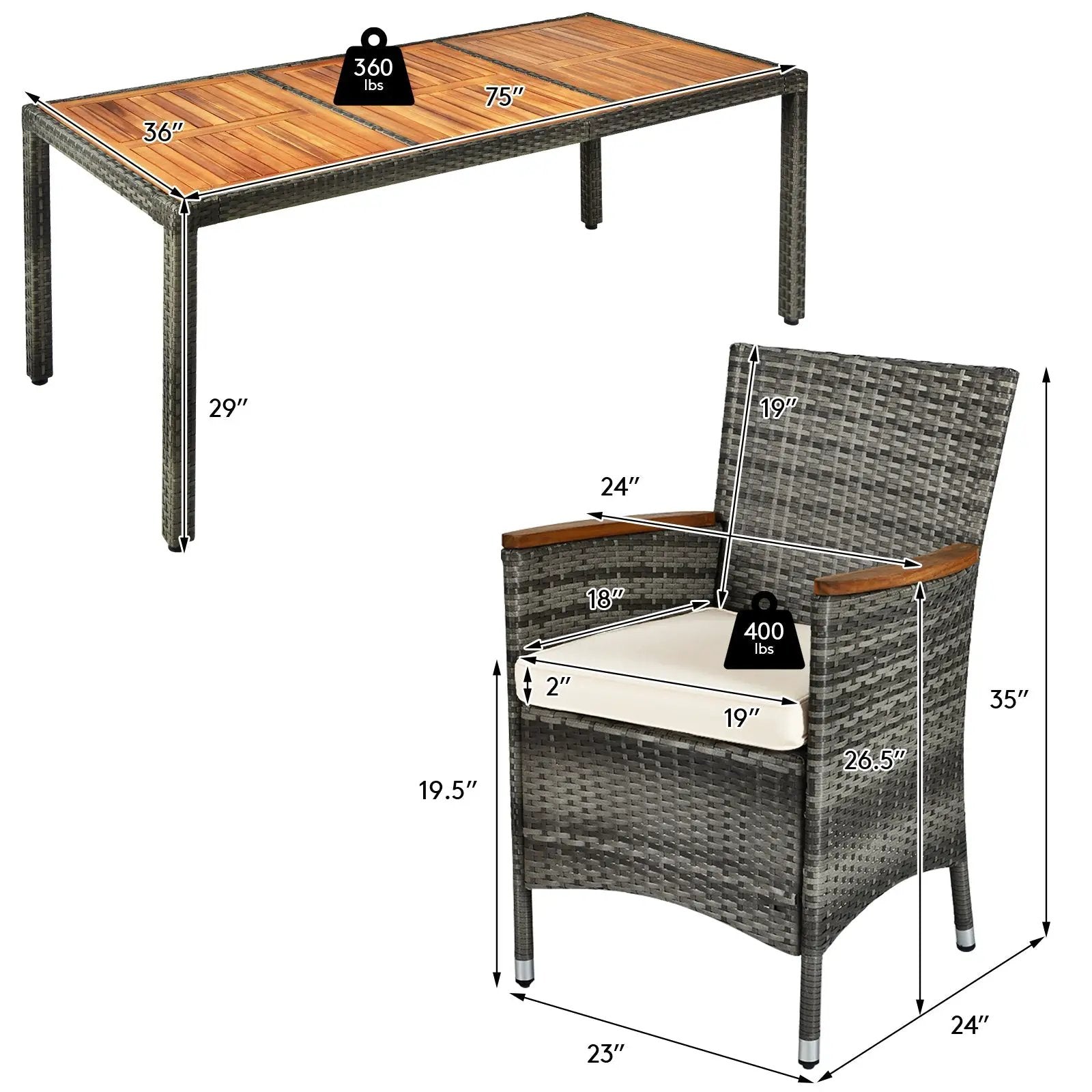 9 Pieces Rattan Patio Dining Set with Acacia Wood Table and Cushioned Chair by DirectDeals