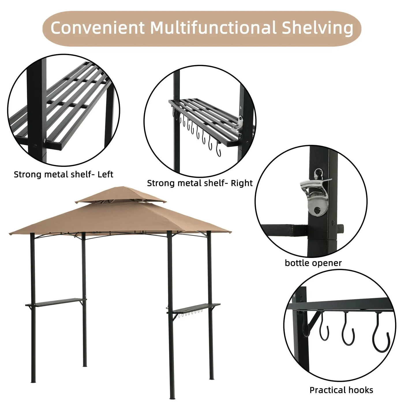 Outdoor Grill Gazebo With Double Tier Soft Top Canopy, Steel Frame, Bar Counters & Hook by HouseOfZazla
