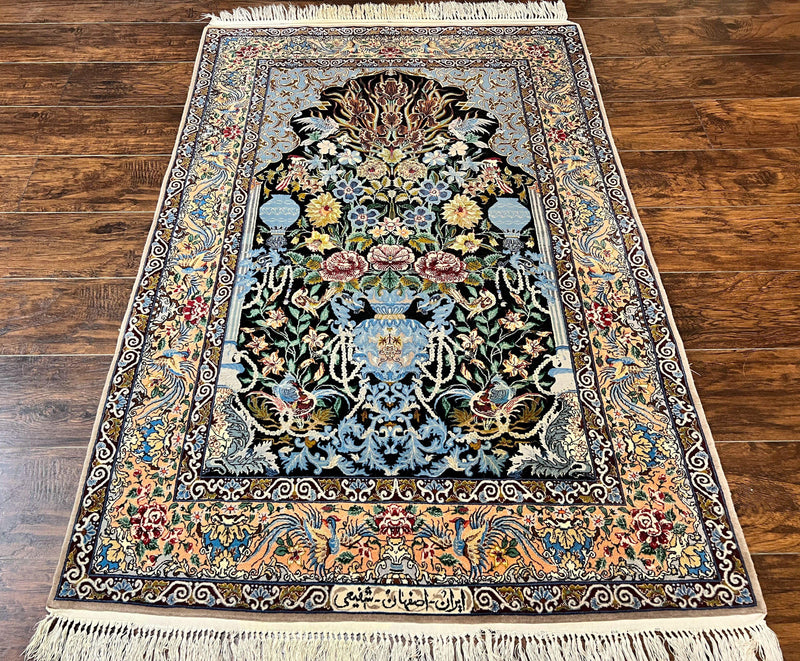 Wonderful Persian Isfahan Rug 3.7 x 5, Kork Wool on Silk Foundation, Very Fine 460 KPSI, Tree of Life Persian Vase Design Animal Pictorials Peacocks by Jewel Rugs