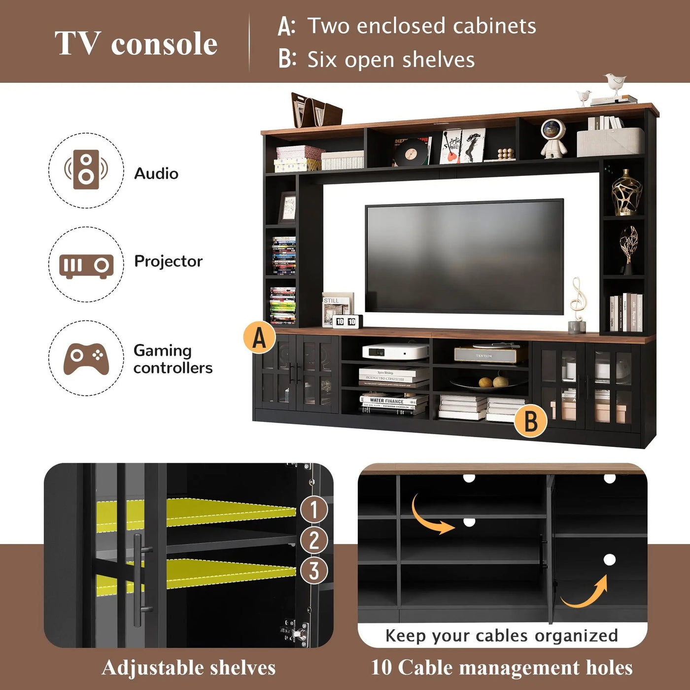 Wall Unit Entertainment Center With Bookshelves For TVs Up To 80", Tempered Glass Doors And Adjustable Shelves by Unique Piece Furniture