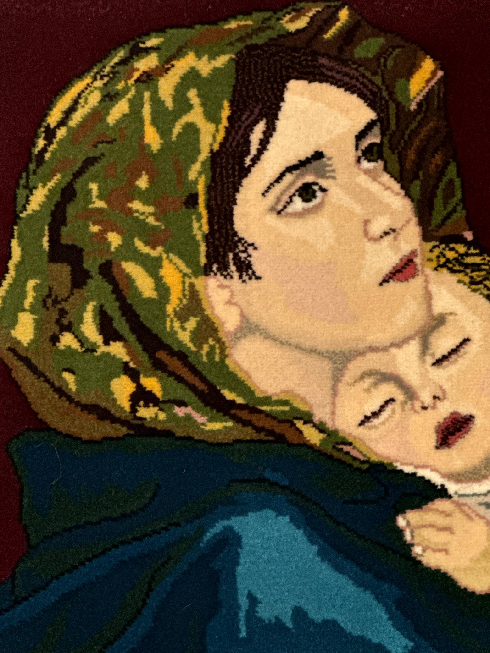Small Persian Tabriz Pictorial Rug 2x2, Mother Holding Child, Very Fine 340 KPSI, Maroon by Jewel Rugs