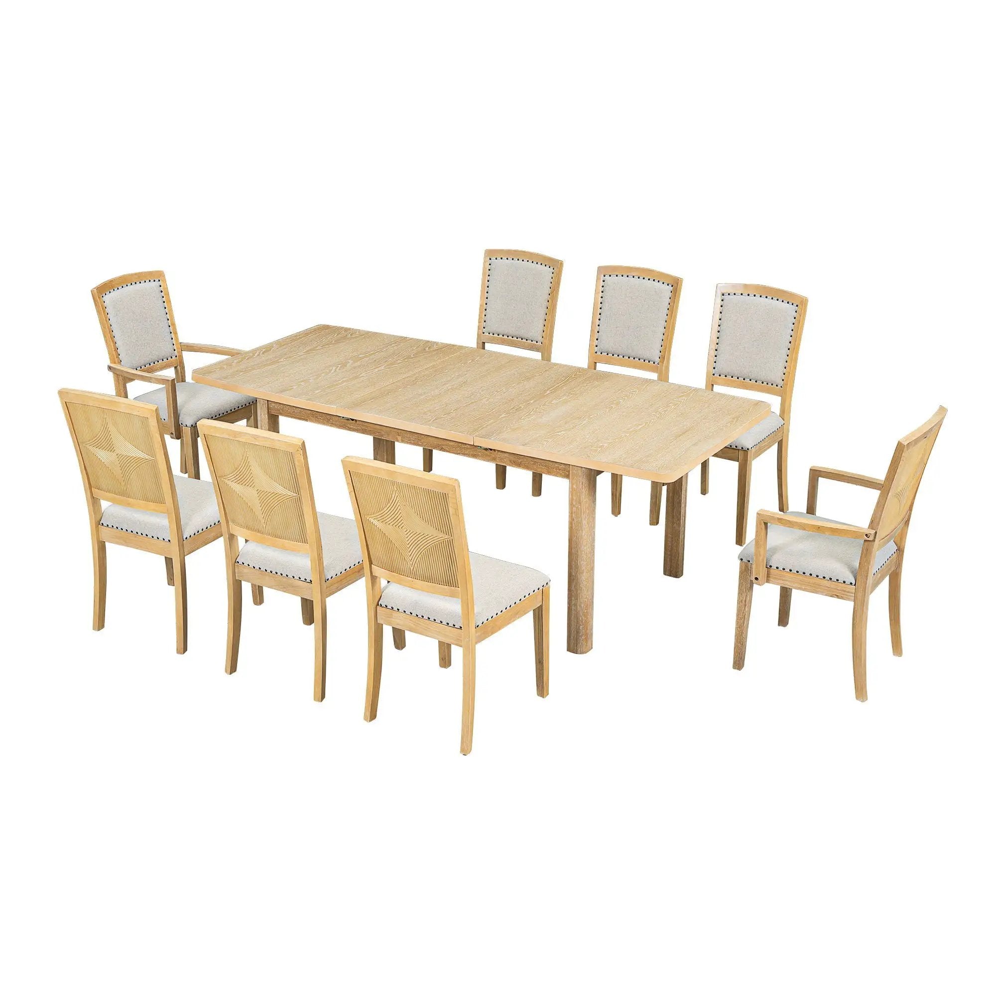 Topmax - Rustic Extendable Dining Table Set With Removable Leaf, 6 Upholstered Armless Dining Chairs And 2 Padded Arm Chairs, 9 Pieces by HouseOfZazla