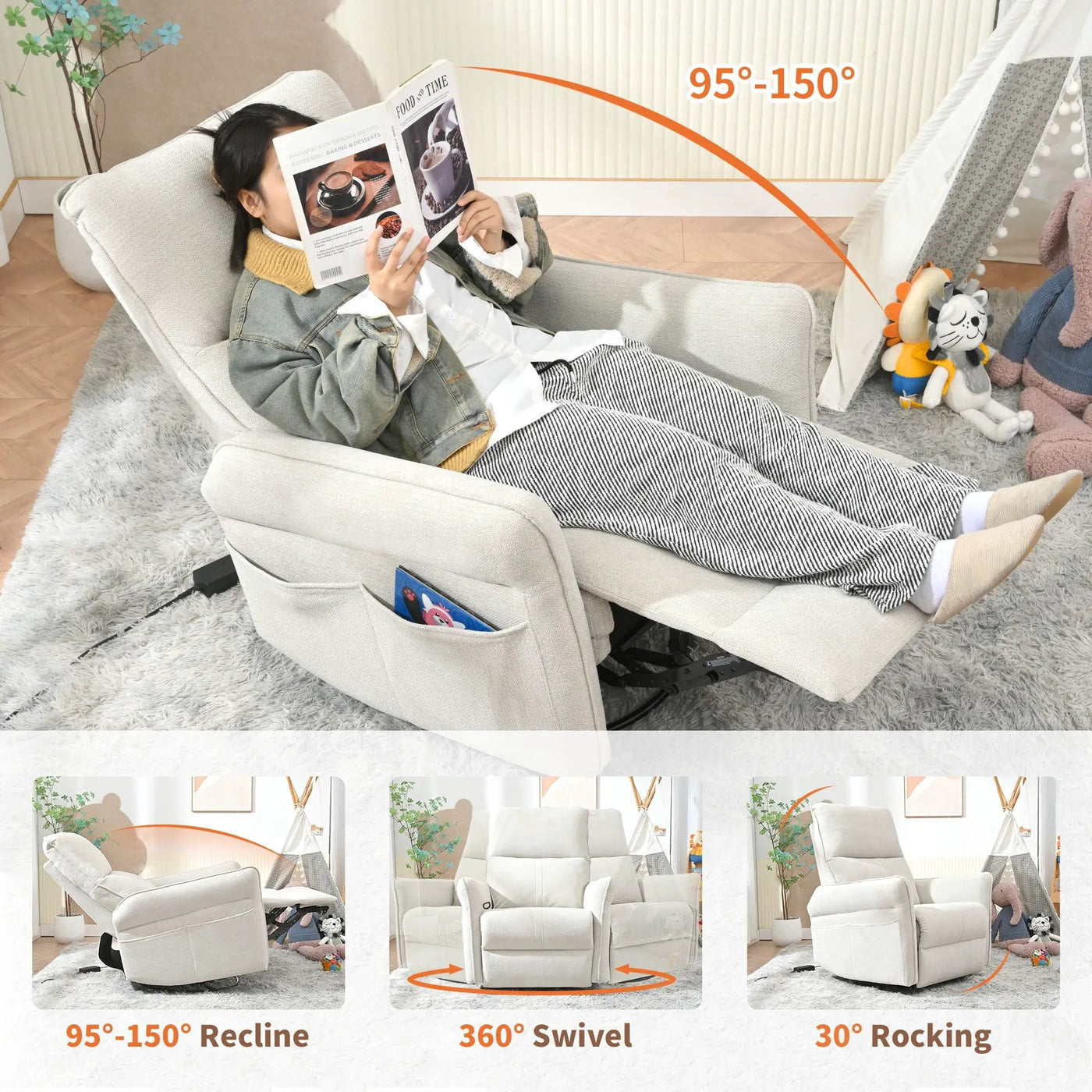 270° Power Swivel Rocker Glider Recliner Chair With USB Ports by Unique Piece Furniture