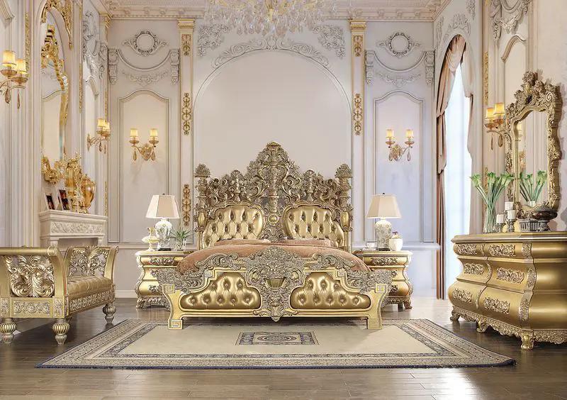Seville - Eastern King Bed - Synthetic Leather & Gold by Unique Piece Furniture