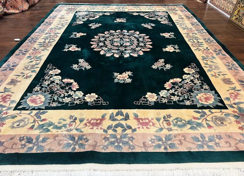 Chinese Art Deco Rug 9x12, Wool Hand Knotted Vintage Carpet, Dark Green & Cream, 90 Line Carving Rug by Jewel Rugs